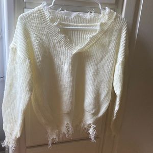 SHEIN White Ripped Neck Sweater